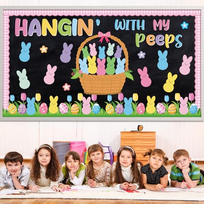 Spring Easter Bunny Bulletin Board Decorations Set Hangin with My Bunny Bulletin Board Classroom Decorations Easter Bunnies Egg Basket Paper Cutouts for Church Sunday School Chalkboard Wall Decor - style: Pink Easter