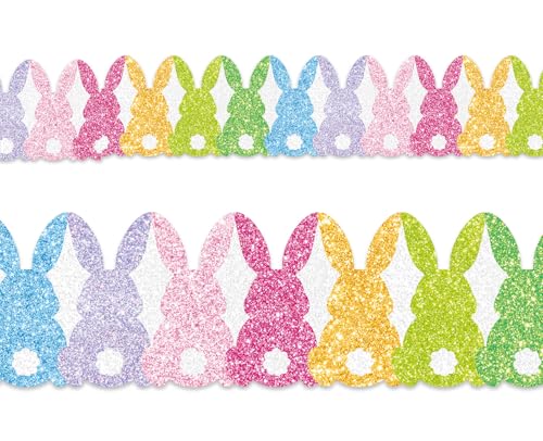 Whaline 65.6ft Easter Bulletin Board Border Glitter Colorful Bunny Rabbit Shaped Die-Cut Border Trim for Spring Classroom Home Office Wall Chalkboard Decoration - style: Easter Bunny