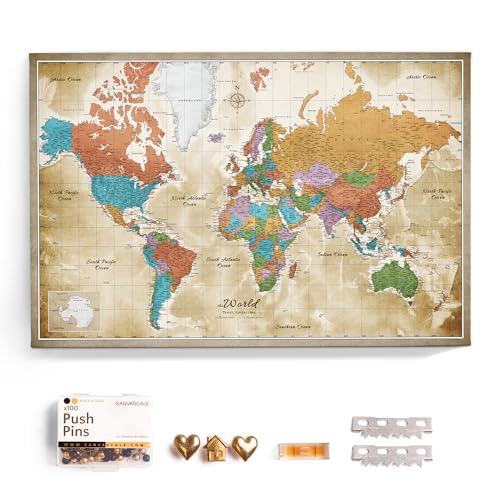 Canvas World Map with Cork Pin Board - English Lettering - Decorative Wall Decoration for All Rooms - Canvas Pictures with World Map Motif (70x50 cm, Pattern 3) - color: Design 3, size: 28" x 20"