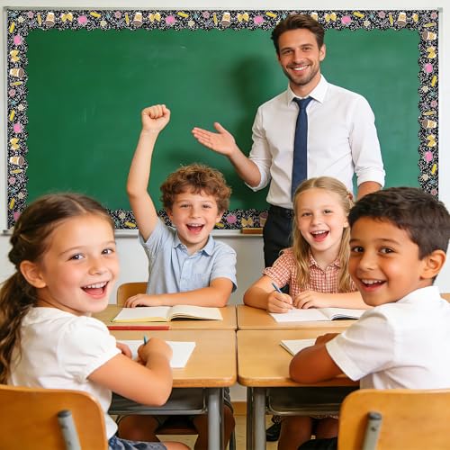 BeYumi Composition Rolled Border Trim - 65ft Back to School Composition Pencil Bow Scalloped Rolled Border Trim Ruler Apple Bulletin Board Set School Classroom Office Chalkboard Party Holiday Decor - style: Black Notebook