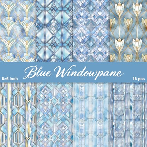 PRSTINCOL Scrapbook Paper,16 Sheets 6 x 6 Inch Blue Windowpane Style Scrapbook Supplies,Single-Sided Vivid Origami Decoupage Paper for DIY Crafts, Card Making, Art Journaling - color: Blue_Windowpane