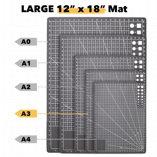 Mandala Crafts Self-Healing Cutting Mat Set – 12" x 18" A3 Black Gray Double-Sided 5-Ply Mat with Fabric Cutter, Quilt Ruler & Craft Knife for Sewing, Quilting, Leather & Scrapbooking - color: Black Combo, size: 12 x 18 Inches Mat Combo