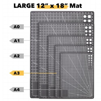 Mandala Crafts Self-Healing Cutting Mat Set – 12" x 18" A3 Black Gray Double-Sided 5-Ply Mat with Fabric Cutter, Quilt Ruler & Craft Knife for Sewing, Quilting, Leather & Scrapbooking - color: Black Combo, size: 12 x 18 Inches Mat Combo
