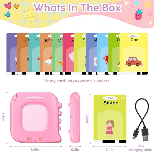 Talking Flash Cards,Kids Toddler Flash Cards with 240 Sight Words,Montessori Toys,Autism Sensory Toys,Speech Therapy Toys,Learning Educational Gifts for Age 4 5 6Years Old Boys and Girls - style: Dinosaur Pink