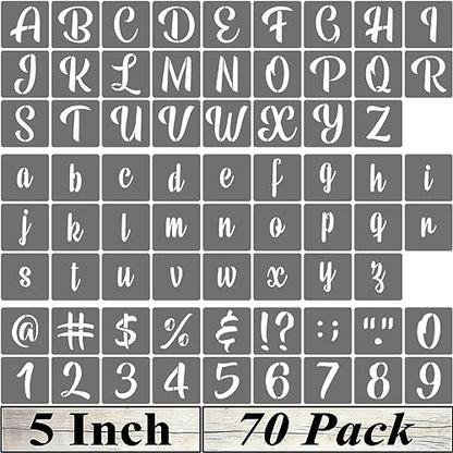 5 Inch Alphabet Letter Stencils - 70 Pack Letter Number Stencil Templates with Signs for Painting on Wood, Reusable Calligraphy Letters and Numbers Stencils for Chalkboard Fabric Wood Signs - size: 5 Inch