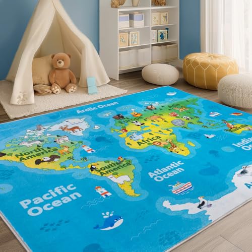 Kids Playroom Rug, 9x12ft World Map Play Mat with Cute Animals, Washable Durable Soft Carpet Kid Educational Rugs for Boys Girls Bedroom Nursery Classroom - color: World Map Rug, size: 9x12 Feet