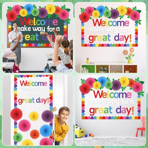 Classroom Bulletin Board Decorations with 3D Paper Fans Inspirational Welcome, Make Way for a Great Day Bulletin Board Set for Back to School Motivational Office Home Wall Door Chalkboard Decor - style: Welcome