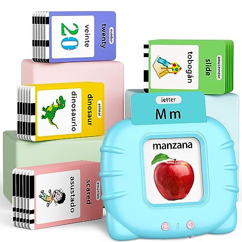 Eaever Spanish English Bilingual Learning Toys, ABC Talking Flash Cards with 520 Sight Words, Autism Pocket Speech Toys, Toddler Toys for 2 3 4 5 6 Year Old, Easter Present Birthday Gift, Blue - size: Bilingual Version(abc+123-520 Words)Blue