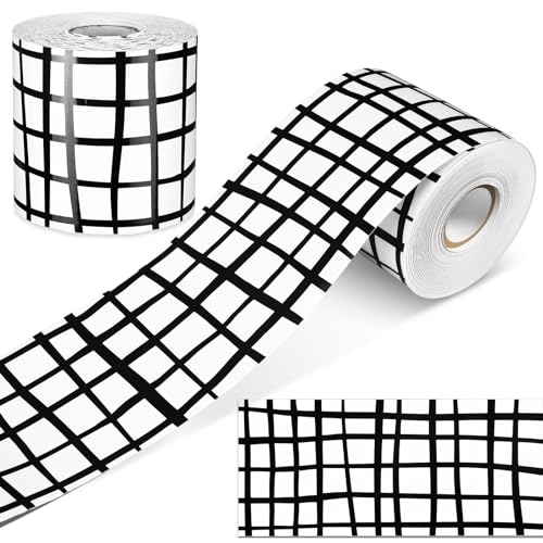 Zonon 65 Feet Bulletin Board Borders Black White Grid Striped Grid Borders Decorative Straight Scalloped Wavy Rolled Trim Classroom Back to School Decor - style: Black White Grid