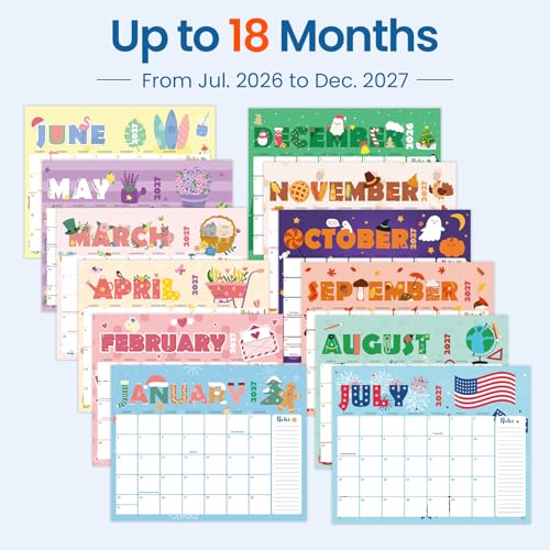 SUNEE 2026-2027 Calendar - 18 Months Wall Calendar Jul. 2026 - Dec. 2027, 14.5"x11.5" Big Grid Hanging Calendar with Note for Organizing & Planning, Cute - color: Cute