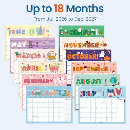SUNEE 2026-2027 Calendar - 18 Months Wall Calendar Jul. 2026 - Dec. 2027, 14.5"x11.5" Big Grid Hanging Calendar with Note for Organizing & Planning, Cute - color: Cute