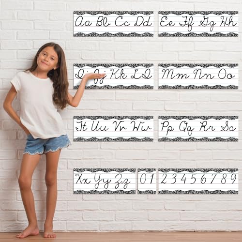 Set of 9 Cursive Writing Bulletin Board Cursive Alphabet Wall Strip for Teacher Supplies, Classroom Teaching Tool, Homeschooling, Kids Education (Composition) - style: Composition