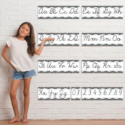 Set of 9 Cursive Writing Bulletin Board Cursive Alphabet Wall Strip for Teacher Supplies, Classroom Teaching Tool, Homeschooling, Kids Education (Composition) - style: Composition