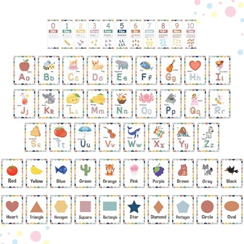 57 Pcs Alphabet for Classroom Wall ABC Alphabet Poster Letters Number line Colors Shapes Wall Chart Cards Bulletin Board Decorations for Back to School Classroom Decor(Boho Dots) - style: Boho Dots