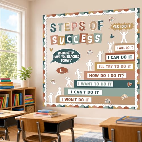 Motivational Bulletin Board Decorations Set Back to School Positive Classroom Decor Steps of Success Paper Cutouts Educational Sayings Accents for School Door Wall Chalkboard Decor Supplies (Boho) - style: Boho