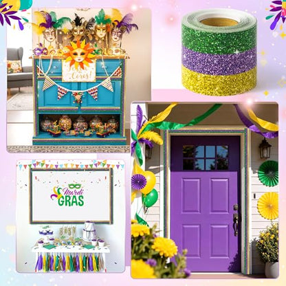 BeYumi Mardi Gras Border Trim - 65ft Mardi Gras Straight Rolled Border Trim Classic Glitter Yellow Purple Green Bulletin Board Set Carnival Holiday Masquerade Party School Classroom Home Wall Decor - style: Mardi Gras