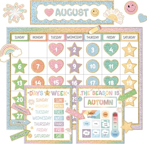 Smile Face Calendar Bulletin Board Set for Classroom Decoration Pastel Calendar Season Weather Chart Happy Face Simply CTP Paper-Cuts for Colorful Back to School Teacher Nursery Chalkboard Wall Decor