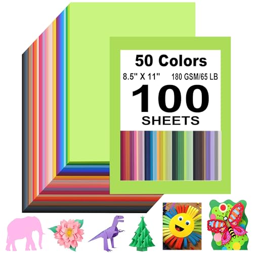 ROYFACC 100Pcs Colored Cardstock Construction Paper 8.5" X 11" 50 Assorted Colors Card Stock Printer Paper for Kids DIY Crafts Printing Scrapbooking Card Making School Party Decorations (180GSM/65LB)