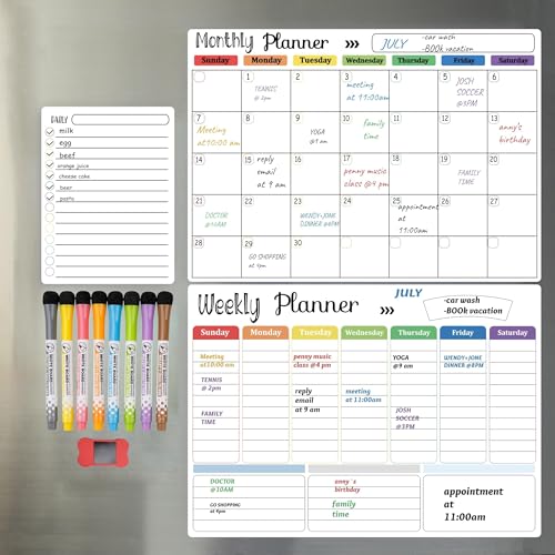 Hivillexun 3-Pack Magnetic Dry Erase Calendar Whiteboard Set for Fridge, Wall & Refrigerator Organisation – Monthly, Weekly & Daily Planners – Includes 8 Markers & Eraser - color: White Monthly/Weekly/Daily Planners + 8 Markers & Eraser