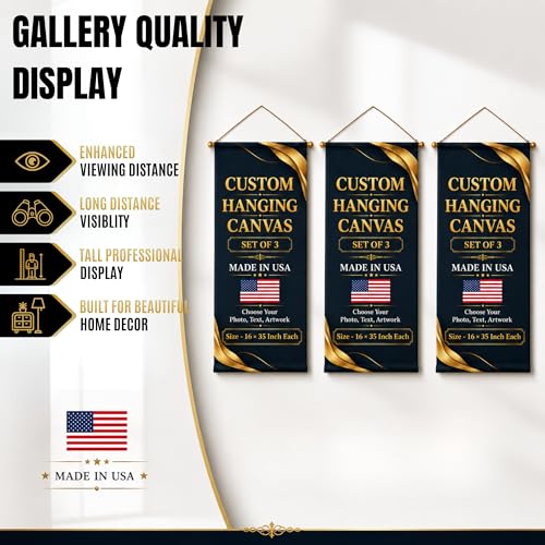 Custom Hanging Canvas Wall Art by BCB Print - Personalized Ready to Hang Picture Banner | with Your Photo | HD Print Living Room Wall Art | Fast Delivery | Made in USA | 16x35 inch | Set of 3 - color: Hanging Canvas Set of 3