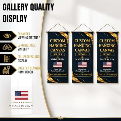 Custom Hanging Canvas Wall Art by BCB Print - Personalized Ready to Hang Picture Banner | with Your Photo | HD Print Living Room Wall Art | Fast Delivery | Made in USA | 16x35 inch | Set of 3 - color: Hanging Canvas Set of 3