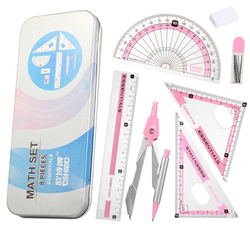 Compass Geometry Tool Protractor and Compass Set 8 Pcs Geometry Set Drawing Compass Geometry Compass and Protractor Set Math Compass with Shatterproof Storage Box for Class Supplies and School Pink