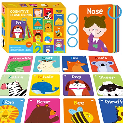 50 PCS Kid First Cognitive Flashcards,Double Sided Printed 7 in 1 Colorful Cards Alphabet,Numbers, Foods,Animals,Shapes,Colors with 3 Reclosable Rings,Learning Tool for Pre-K Kindergarten Toddlers - style: Cognitive Flashcards