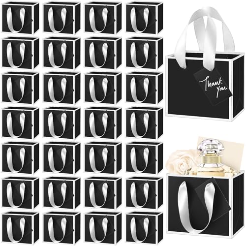 Yeaqee 50 Pcs Mini Metallic Paper Gift Bags with Handle 4.75x2.25x4'' Small Gift Bag DIY Tag Thank You Party Favor for Summer Wedding Baby Shower Birthday Back to School Jewelry (Black,White) - color: Black, White