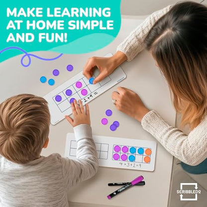 SCRIBBLEDO Dry Erase Ten Frame Board - 4" x 12" Double Sided Dry Erase Boards for Kids to Visualize and Practice Base 10 Number Concepts - Math Practice Board for Home School and Classroom