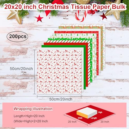 AORZIT 20x20 Inch Tissue Paper - Xmas Gift Wrapping Paper Bulk 50 Pack, 5 Assorted Designs for Gift Wrapping Boxes, DIY Crafts, Birthday & Holiday Decoration
