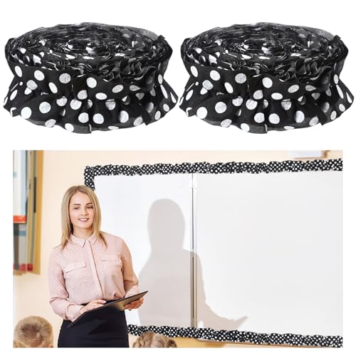 Suncalla 2 Roll 66 ft Black and White Bulletin Board Borders for Classroom Decor Ruffled Bulletin Board Burlap Scalloped Border Trims for Chalkboard Office Wall Decor(Black and White Dots) - style: Black and White Dots