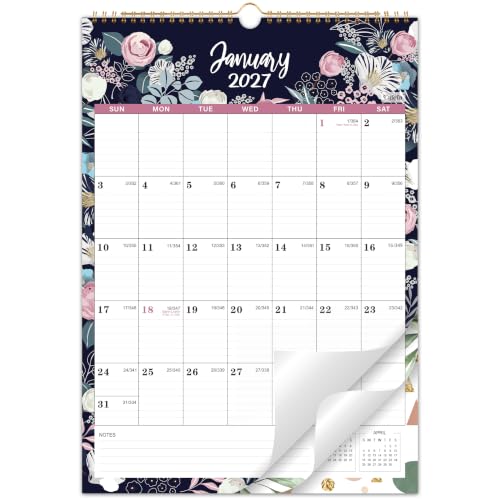 2027 Calendar - 2027 Wall Calendar, 12 Monthly Wall Calendar 2027 from January 2027 - December 2027, 12" x 17", Twin-Wire Binding + Hanging Hook + Ruled Blocks + Thick Paper with Julian Dates - Floral