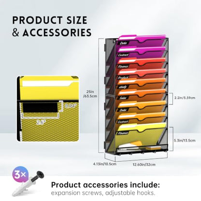 10-Tier Wall File Organizer, Wall File Holder Mesh Mail Organizer for Papers, Folders, Letters, Magazine Rack for Office Home Classroom, Black - size: 10Tier-Black-1Pack