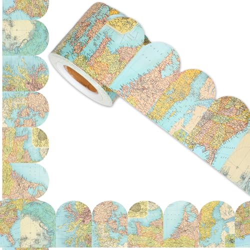 FYSUIMU 65.6 Ft Globe Map Bulletin Board Border Travel The World Scalloped Die Cut Border Trim Roll for Back to School Party Home Classroom Decor - style: Classic