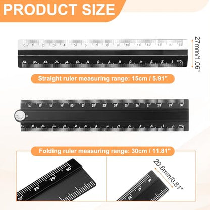 HARFINGTON Folding and Straight Ruler Kit 30/15cm Metric Aluminum Alloy Plastic Protractor Foldable Angle Ruler for Home Classroom Office, Black - color: Black