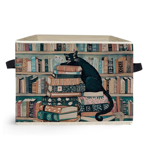 Witchy Black Cat Book Storage Box Bins, Reading Corner Nook Room Decor, Mystical Bookish Cat Collapsible Storage Basket Organizer for Home Library Classroom Clothes Books - color: Reading Corner-1