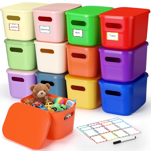 Thyle 24 Pack Richly Colorful Plastic Storage Bins with Lids 7 Quart Toy Storage Box Stackable Nestable Organizer Boxes with Handle and Labels for Classroom Shelf Bedroom Desktop Toys School Supplies - color: Vivid Color