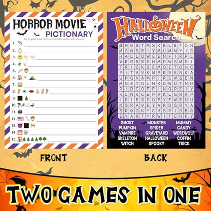 COCHIE 30 Players Halloween Party Games for Adults Family Office Large Groups, Horror Movie Name Pictionary Game, Riddle Game, Word Search Games with Answer Key (Halloween Purple) - style: Halloween Purple