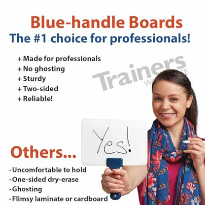 Trainers Warehouse Deluxe Whiteboards Combo Set: 30 Two-Sided Dry-Erase Answer Boards with Tote Bag & Mini Erasers | Sturdy, Easy-to-Hold & Clean, Blue Handles (6" x 7.75") - size: 30 Boards - 6" x 7.75"