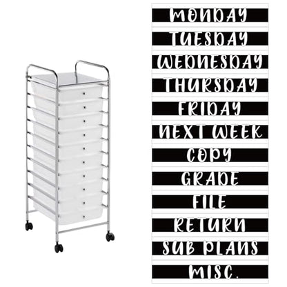12 Pieces Rolling Storage Cart Labels 10 Drawer Rolling Storage Cart Label Blackwhite Classroom Decor for Teacher Office School Classroom Organization - style: Blackwhite