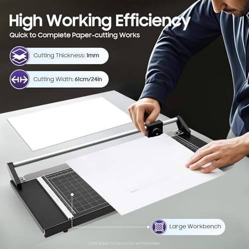 24 Inch Rotary Paper Cutter Photo Paper Cutter with Positioning Ruler & 2 Blades Cut Paper Cutter for Photo Sticker Shops, Offices