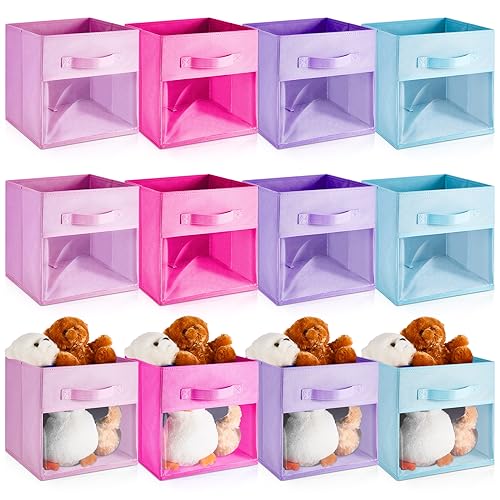 Marsui 12 Pcs Clear Cube Storage Bins 11 Inch Pink Collapsible Kids Storage Bins Fabric Classroom Organizer with Window for Kid Playroom Room Daycare Nursery(Blue, Purple, Rose, Pink) - color: Blue, Purple, Rose, Pink