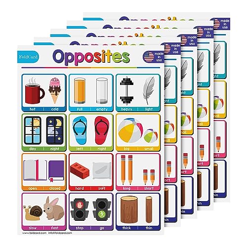 FoldCard Opposites Chart Educational Poster 8.5x11 5pk | Glossy cardstock; bright classroom decorations; preschool-grade 1 learning aid for kids & school supplies - color: Opposites