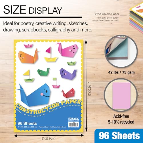 BAZIC Products 96 Count 9in x 12in Construction Paper, for Crafts School Art, 2 Pack - color: 9" x 12" (96 Sheets), size: 2-Pack