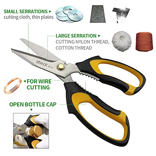 Stedi Scissors Heavy Duty 8-Inch,Multipurpose Scissors,Sharp Stainless Steel Shears with Serrated Edge & Protective Cover,Non-Slip Handle,Easy Cutting Cardboard, Carpet,Leather, Fabric, Wires, Yellow - style: JD-12(Straight-Blades)