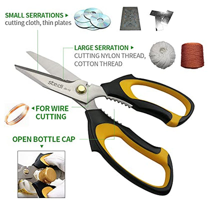 Stedi Scissors Heavy Duty 8-Inch,Multipurpose Scissors,Sharp Stainless Steel Shears with Serrated Edge & Protective Cover,Non-Slip Handle,Easy Cutting Cardboard, Carpet,Leather, Fabric, Wires, Yellow - style: JD-12(Straight-Blades)