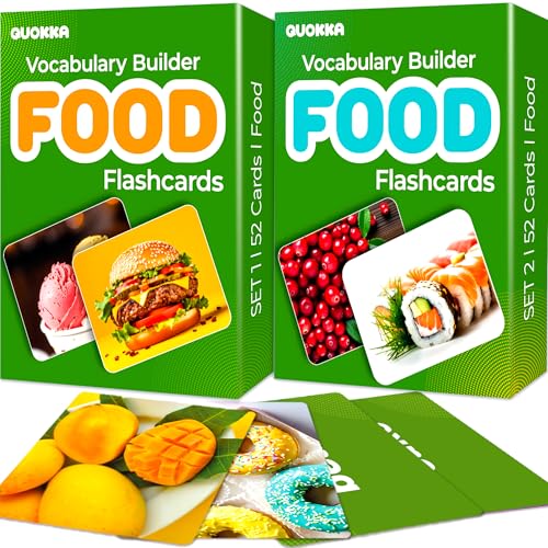 QUOKKA 104 Food Flash Cards Set – Kids and Adults Vocabulary Builder for ABA Therapy, Early Childhood Education, and ESL Teaching – Picture Cards for Speech Therapy and Vocabulary Building Activities - size: 104 Cards, style: Food