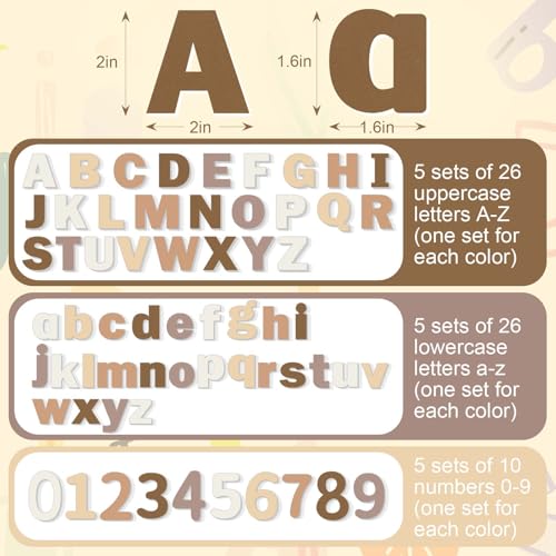 Breling 310 Pieces Felt Letter Bulletin Board Letters Sticker with Number 2" Bulk Self Adhesive ABC Upper Lowercase Sticky Letter for Xmas Gift Bulletin Board Classroom(Brown Color) - color: Brown Color