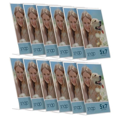 Snap 5x7 Clear Picture Frame 12 Pack: Frameless L-Shape Desktop Stand, Photo Frame and Sign Holder, Clear Acrylic Style Tabletop Display, 5 x 7 - size: 7" x 5"