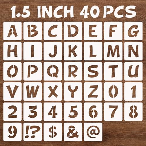 BAMIDELE 1.5 Inch Letter and Number Stencils, 40 Pcs Reusable Plastic Alphabet Spray Paint Stencils for Painting on Wood, Wall, Fabric, Rock, Chalkboard, Door Porch, Signage, DIY Craft Decoration - size: 1.5 Inch